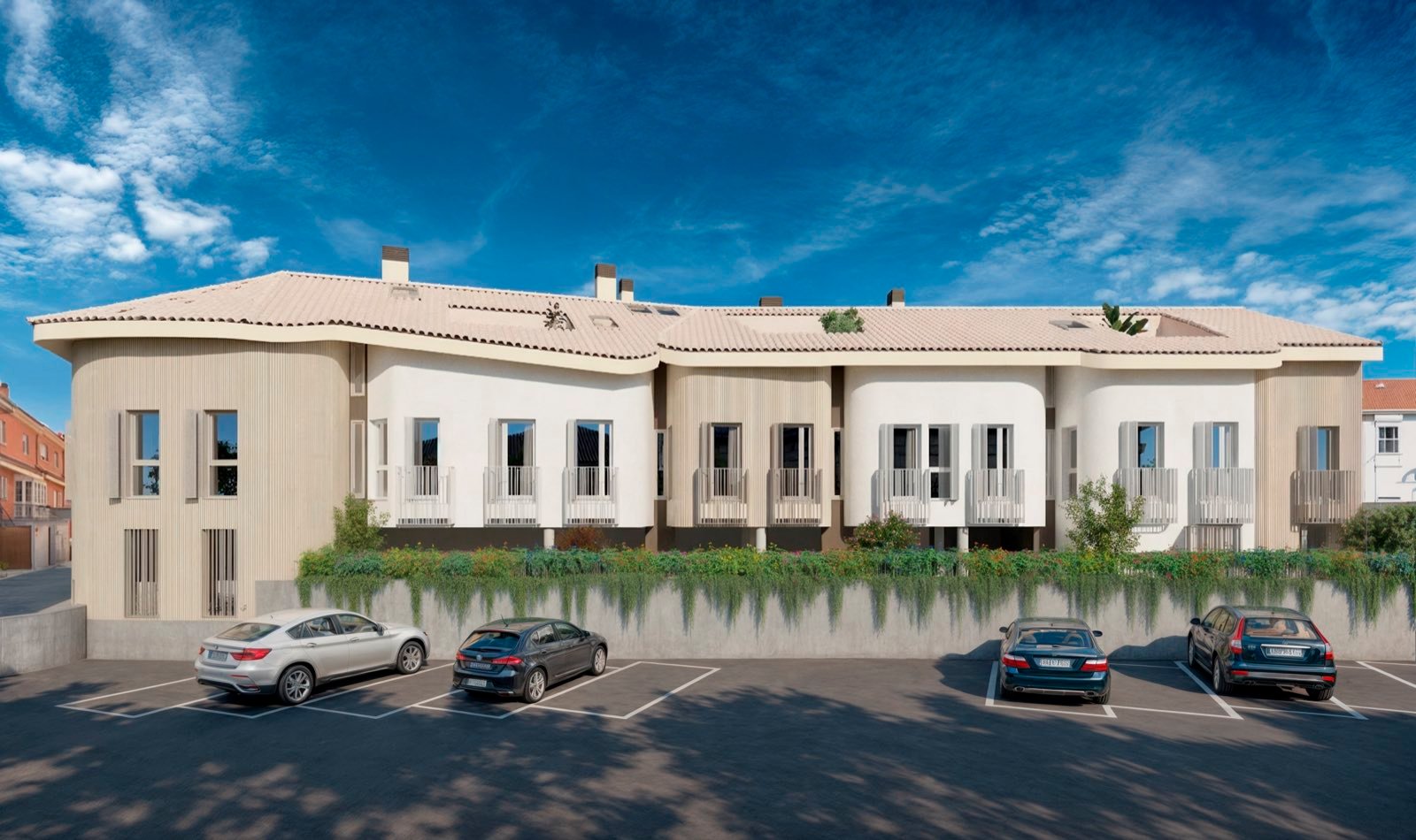 Render del Residencial Guayanas terminado: fachada blanca con celosías verticales, balcones y cubierta de teja, sobre el aparcamiento y bajo cielo despejado.